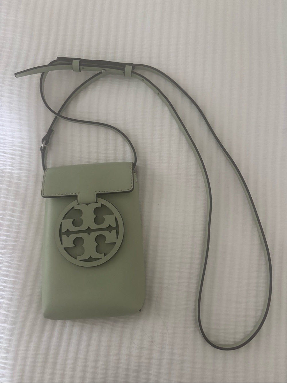 Tory Burch Mint Green Leather Crossbody Phone Pouch with Logo